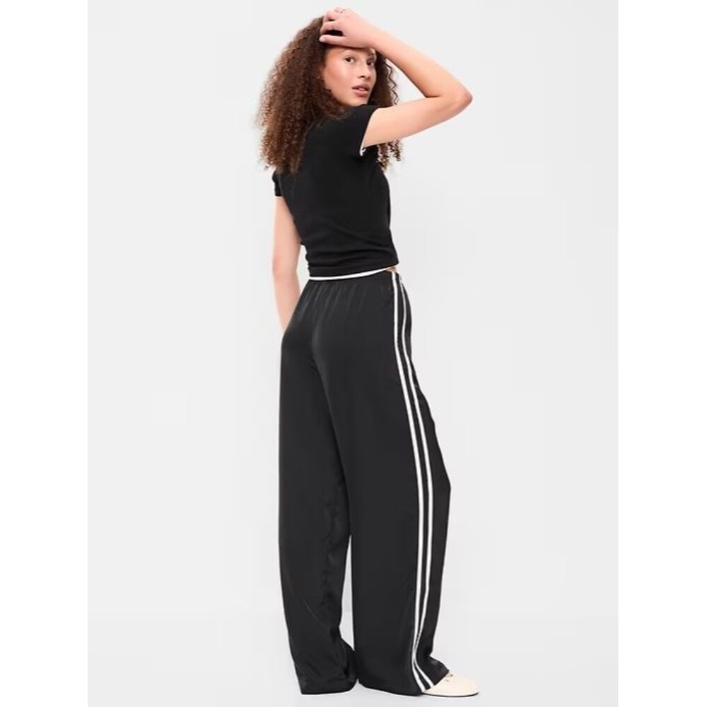 Old Navy Satin Track Pants Womens M Tall Black White Stripes Lightweight NEW - Picture 3 of 11